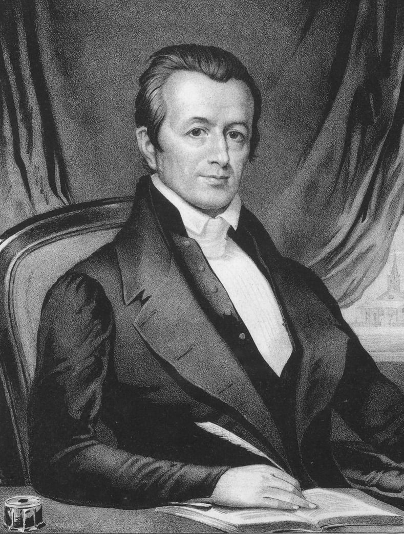 A 19th-century engraved portrait of Adoniram Judson seated at a writing desk with an open book.