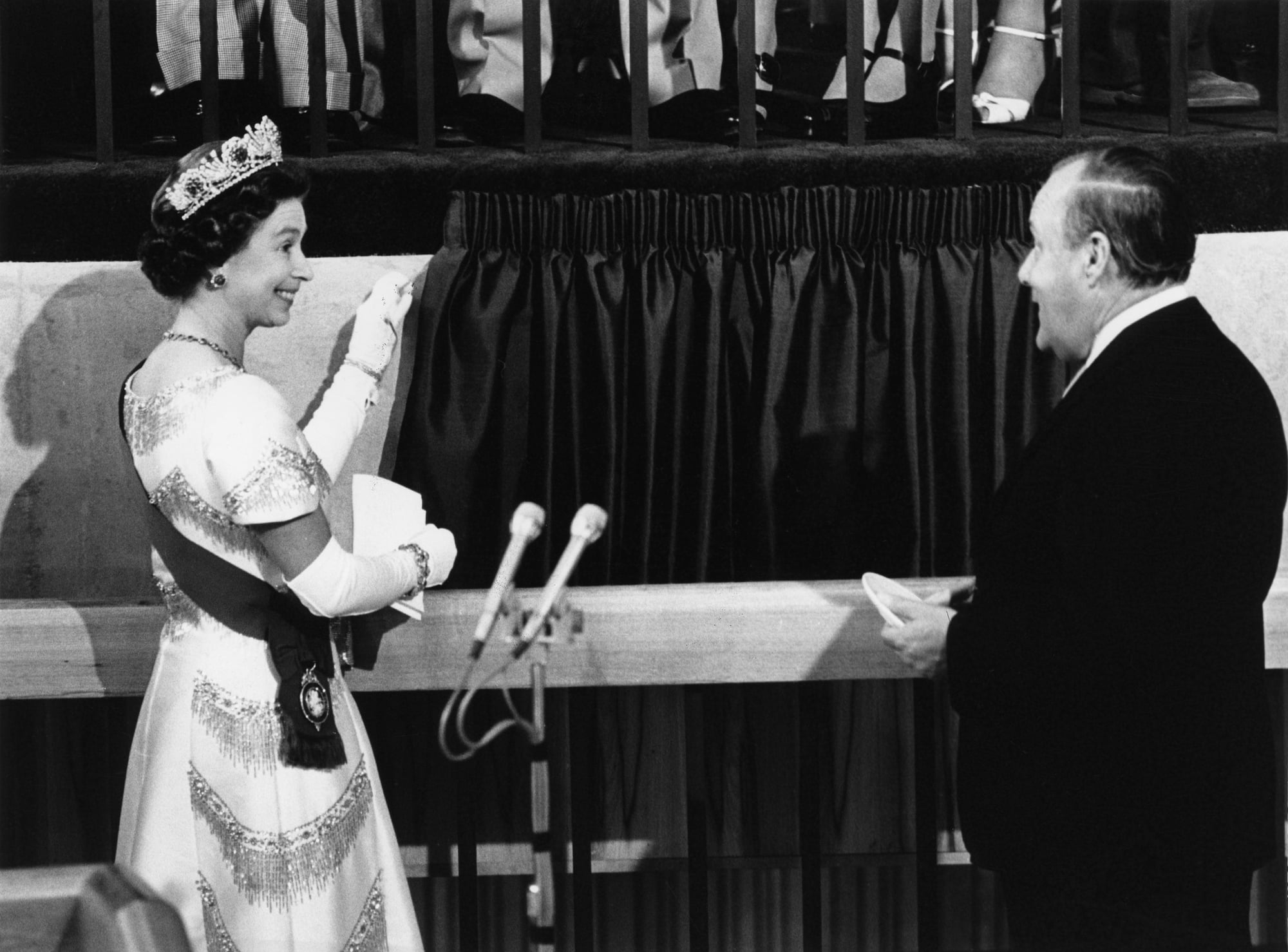 Queen Elizabeth II wearing the Burmese Ruby Tiara while opening New Zealand's Beehive building in 1977.