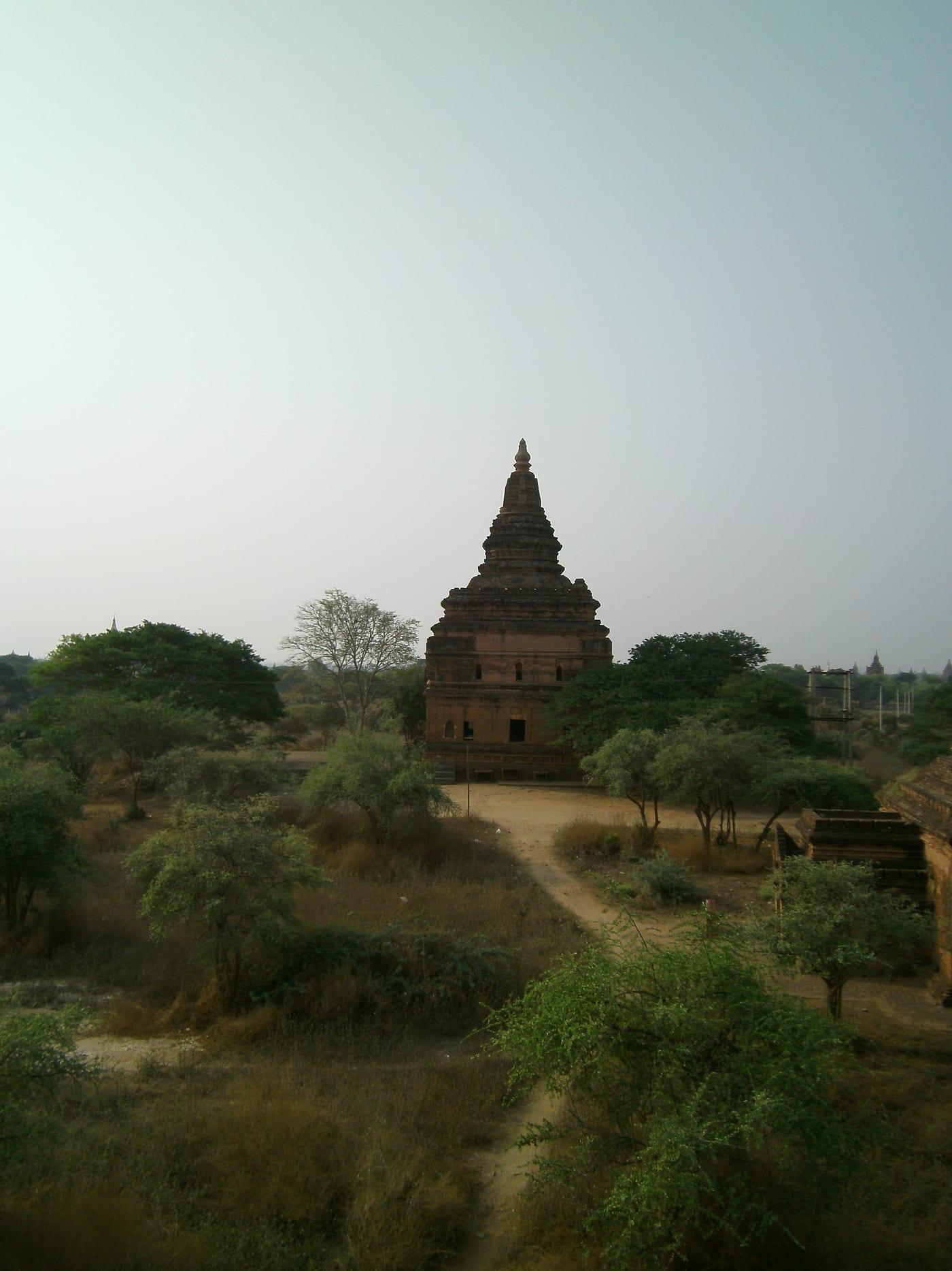 The weathered brick pyramidal tower of Nat Hlaung Kyaung Temple standing among trees on the Bagan plain.
