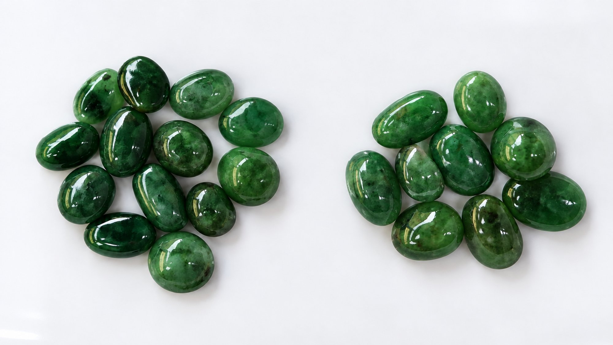 Two clusters of polished oval and round green jadeite cabochons, their smooth translucent surfaces catching the light.