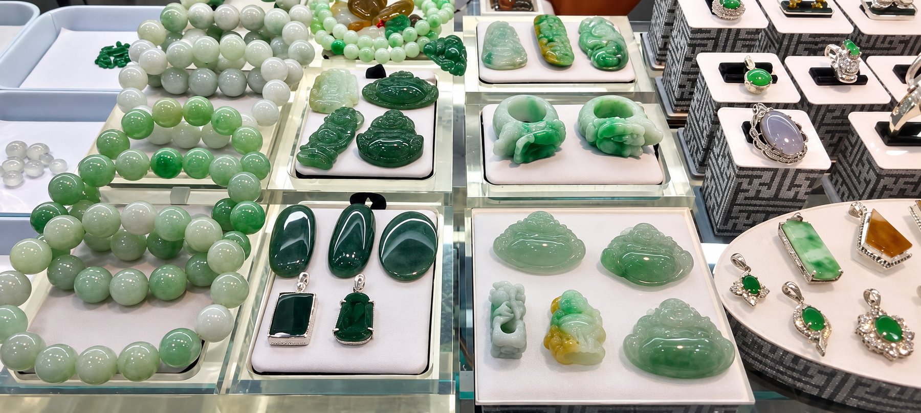 A jade shop display case filled with strings of beaded bracelets, carved pendants, cabochons and rings, all in shades of green jadeite.
