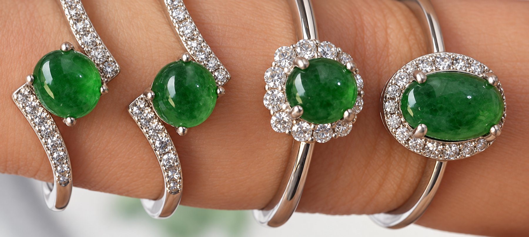 A hand wears four white-gold rings and bangles, each set with a polished green jadeite cabochon surrounded by diamonds.