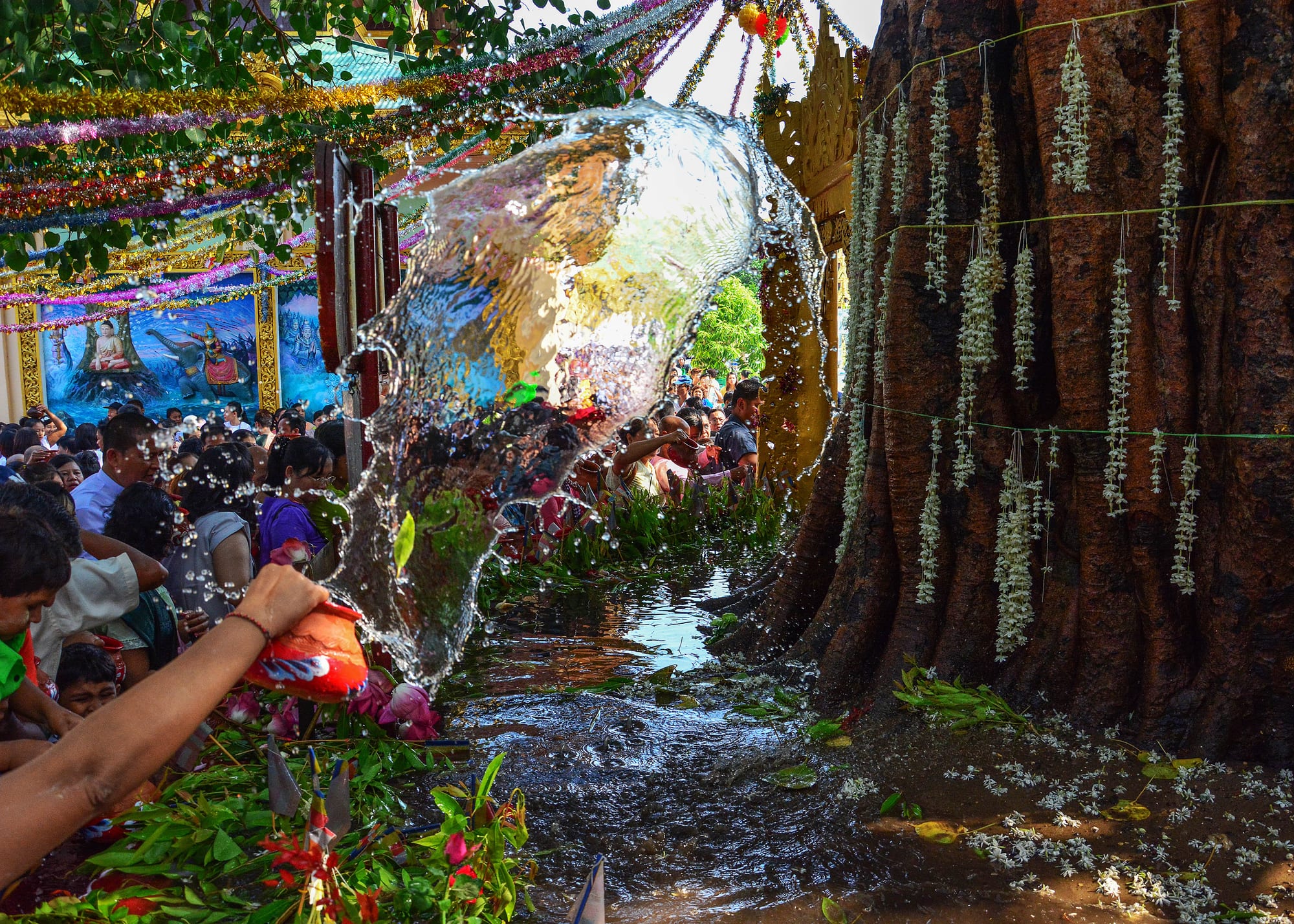 A stream of water is poured over the flower-garlanded roots of a Bodhi tree during the Kason festival.