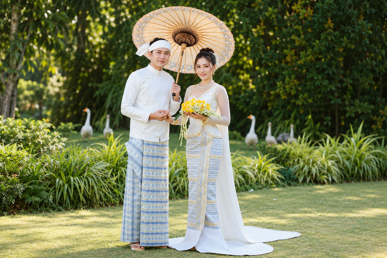 A bride and groom in formal Burmese wedding dress, the bride in a silk htamein, standing under a traditional parasol.