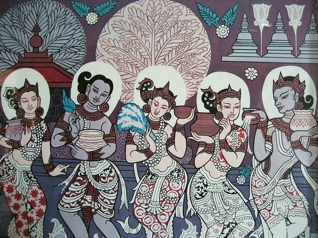 A traditional Pagan-era style painting of five women in royal dress pouring water from pots, part of a depiction of the Thingyan festival.
