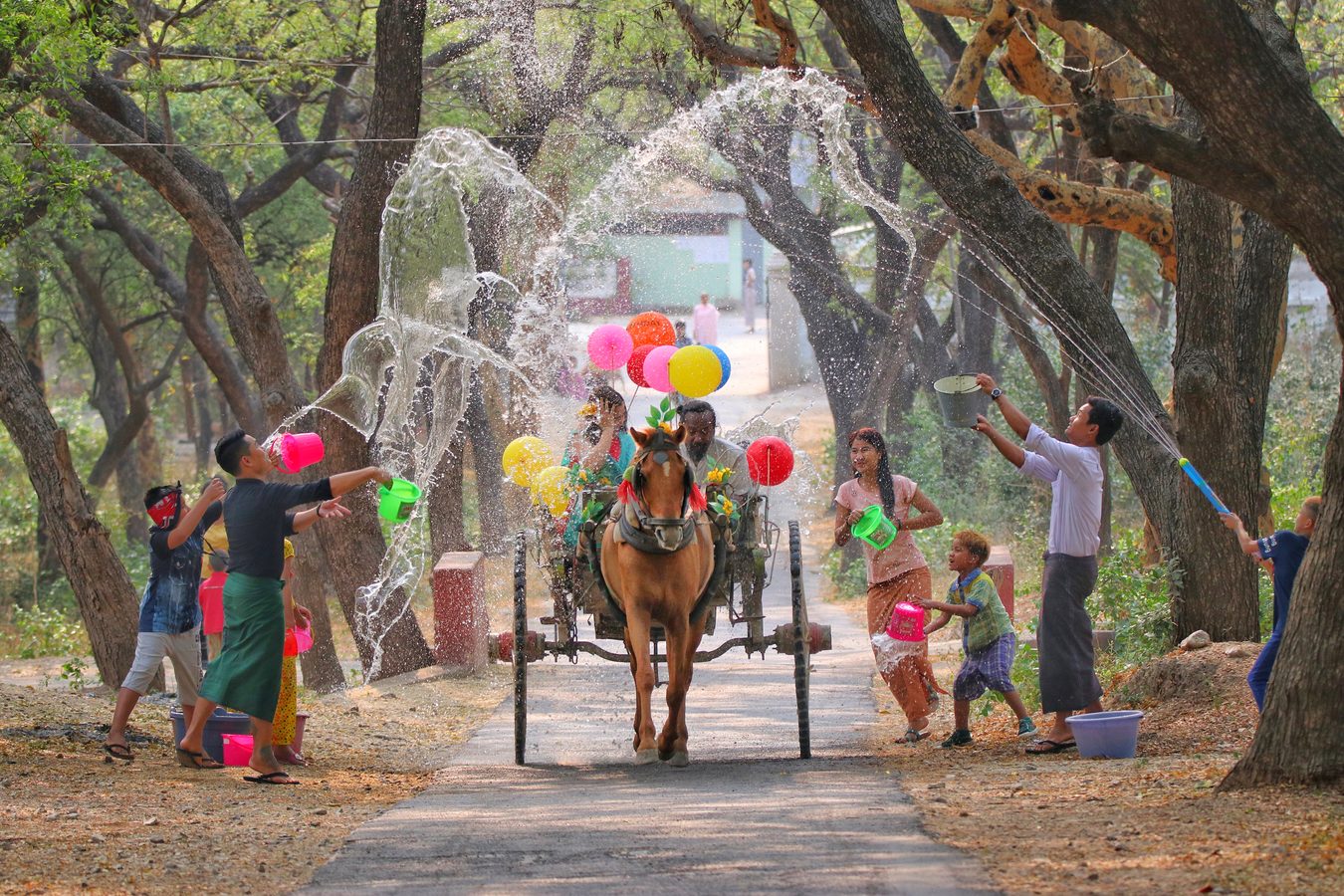 A horse cart decorated with balloons is doused with arcing streams of water along a shaded, tree-lined road during Thingyan.